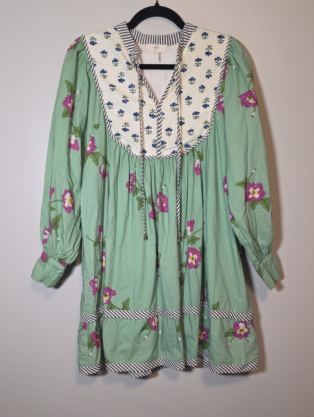 entro Mint Green Floral Long-Sleeve Smock Dress with Cream Bib